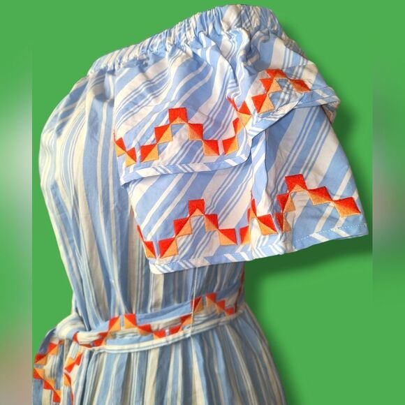 *SOLD* Marie Oliver Darcy Off Shoulder Tie Waist Side Split Stripe Dress XS - Picture 3 of 16